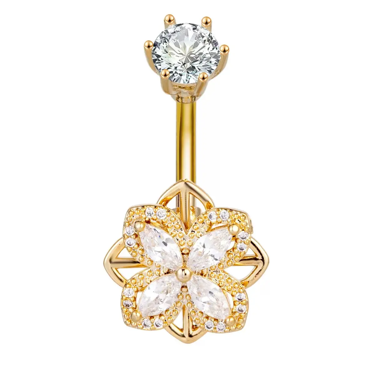 Lucky Four Leaf Clover Belly Button Ring, Sparkly CZ Crystal Spinner Navel Piercing Jewelry, Rotating Dangle Belly Ring for Women