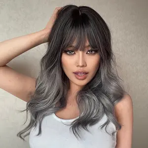 Long curly wigs black ombre grey with bangs wigs for women for daily life LC6057-1