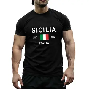 Men's Sicilia Italy 1946 Graphic T-Shirt - Black Cotton, Breathable & Lightweight, Round Neck Short Sleeve Tee with Italian Flag Design, Ideal for Casual Outdoor Wear