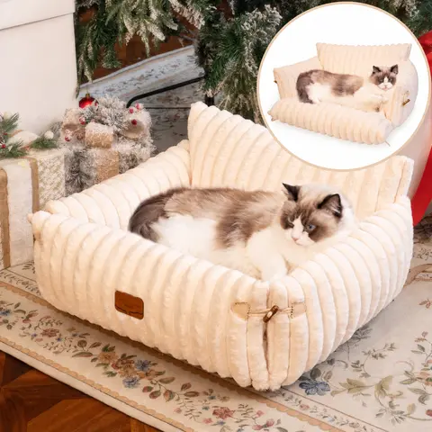 Cloud Couch Bed, Fluffy Sofa for Cat and Small Dog Recliner with Removable Washable Cover Cute Calming Pet Lounge Suitable for Puppy Kitten Indoor (Off-White)