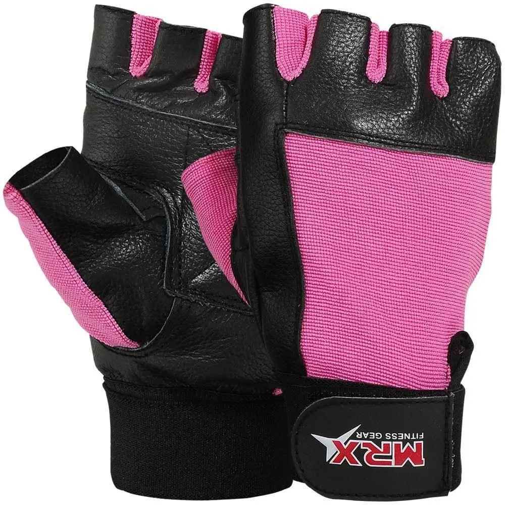 MRX BOXING & FITNESS Women's Pink & Black Genuine Leather & Spandex Lifting Sports Gloves, Secure Hook Loop Closure Hand Cover for Gym Workout & Weight Lifting