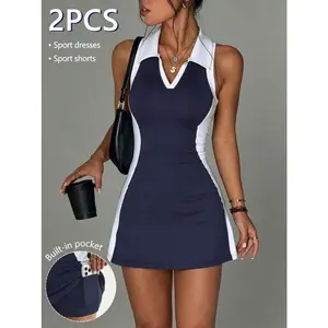CourtClass Women's 2pcs Golf Polo Dress Set,Contrast Color Collar,Side Contrast Panels,Racerback,Tight Shorts With Pockets,Sports Dress For Tennis,Gym,Running
