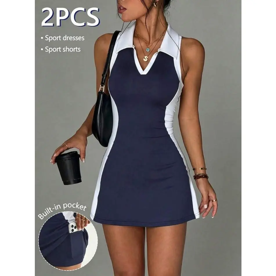 CourtClass Women's 2pcs Golf Polo Dress Set,Contrast Color Collar,Side Contrast Panels,Racerback,Tight Shorts With Pockets,Sports Dress For Tennis,Gym,Running
