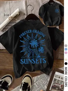 Women's Palm Tree & Sun Print Round Neck Tee, Fashion Casual Crew Neck T-Shirt for Daily Holiday Vacation Outdoor Wear, Ladies Clothes for Summer, Top