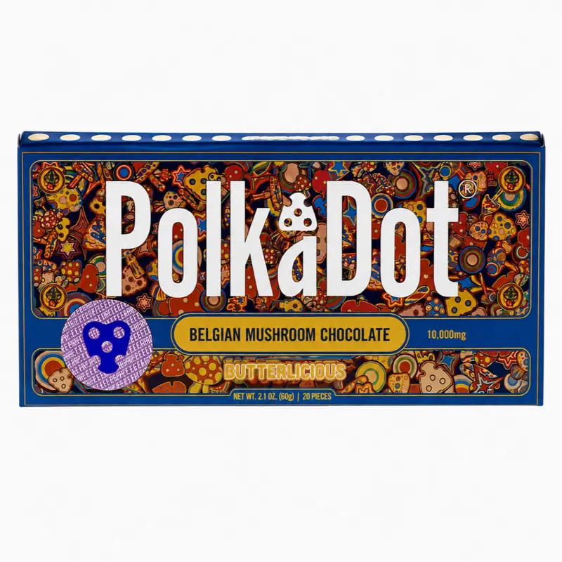 Polkadot Belgian Chocolate Butterlicious, 20 Count, High Potency Plant-based Mushroom Snack, 100% Organic, High-Quality Ingredients, Made in USA, All Natural, Healthy Chocolate, 20 Piece Chocolate Bar