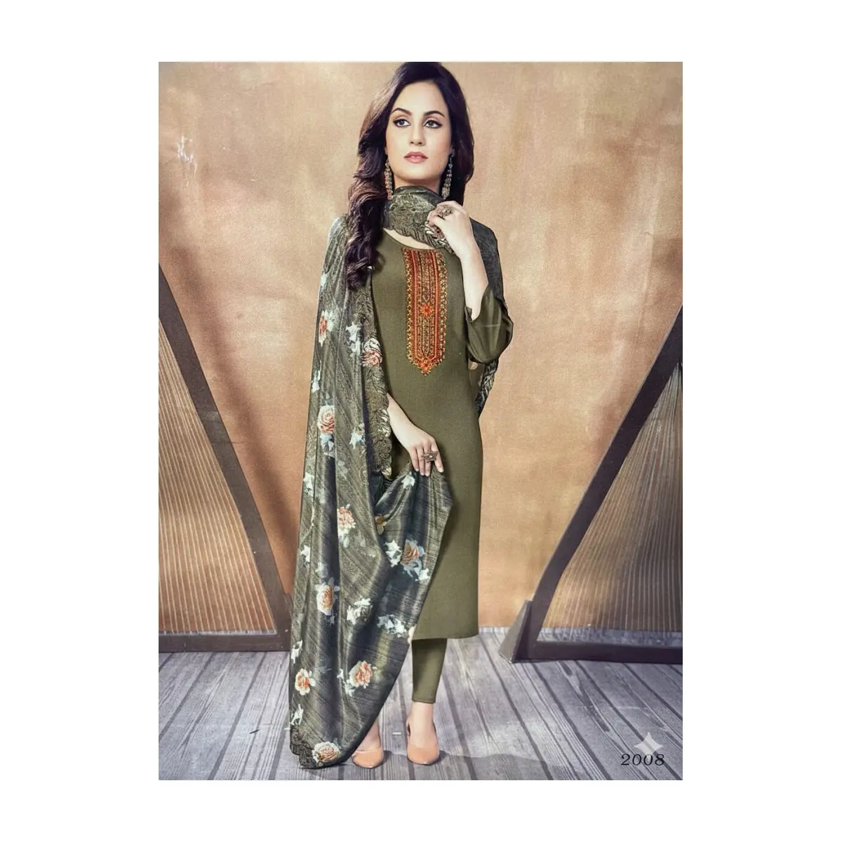 #S7 Warm Brown  (true color shown in natural light) Kurta Intricate rust/copper embroidery on the front placket +Churidar/Pants Set with Floral Dupatta