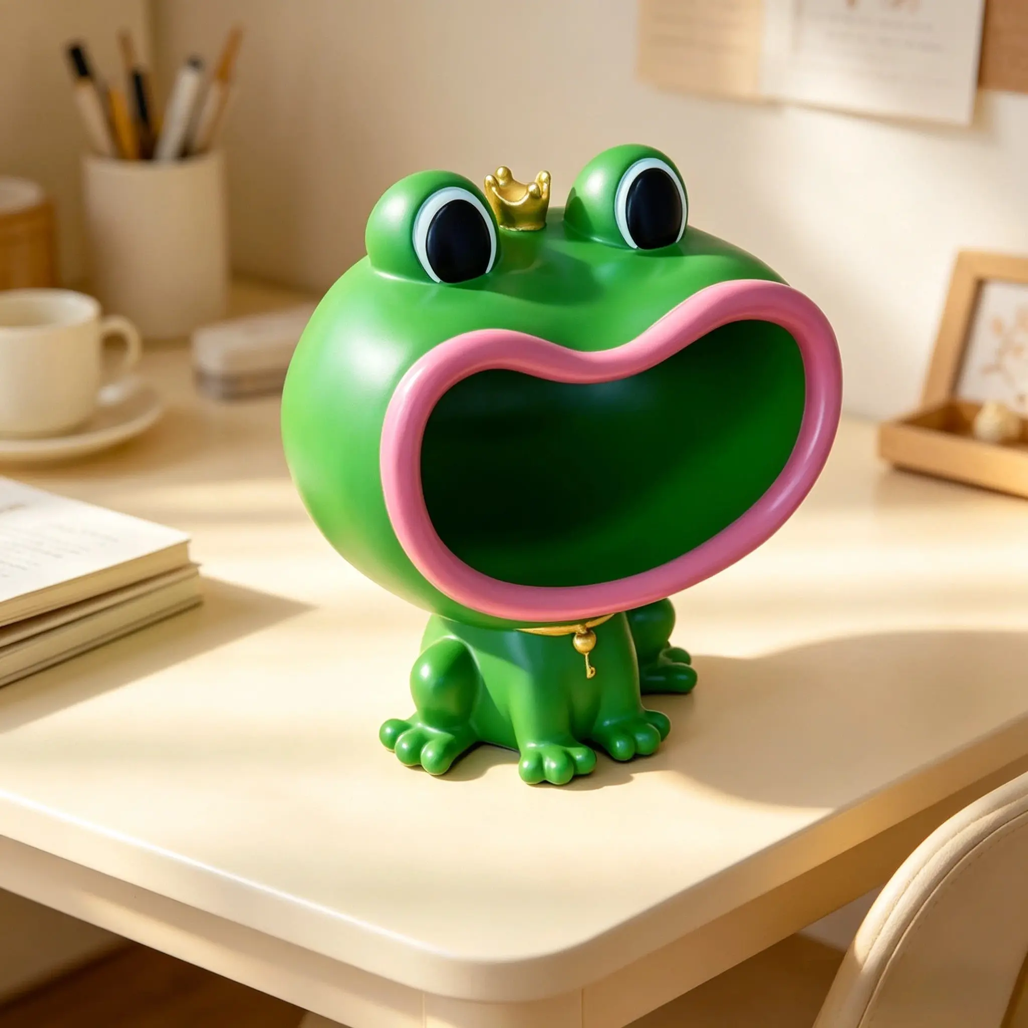 Crown Frog Resin Storage Ornament, Cartoon Cute Style, Large Opening Key Holder, Home Desktop Decor, Perfect for Entryway Organization