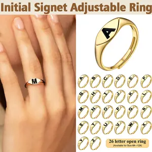 FindChic Initial Signet Adjustable Ring Golden 26 Letters Open Couple Ring Wedding Ring For Women Men Girlfriend Boyfriend