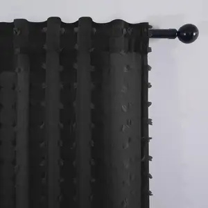 KOUFALL Black Sheer Curtains 84 Inches Long for Bedroom Boho Decor Set 2 Panels Rod Pocket Back Tab Semi Voile Modern Chic Fashion Elegant Pom Pom Lace Curtains for Girls Room Decoration Living Room