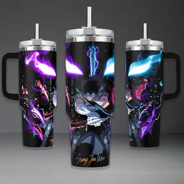 [Anime Shadow Monarch Style] Sung Jin-Woo Inspired Tumbler 40oz 20oz With Handle, Shadow Monarch Arise Fantasy Artwork Stainless Steel Insulated Travel Mug, Anime Otaku Drinkware Gift For Fans, Solo Leveling Inspired Cup