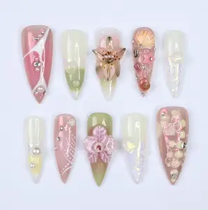 Press On Nail Floral Dream with Butterfly & Shell Art | 3D Fake Nail in Long Stiletto | Handmade Summer Nail Art for Holiday, Vacation, Gift Satamiis