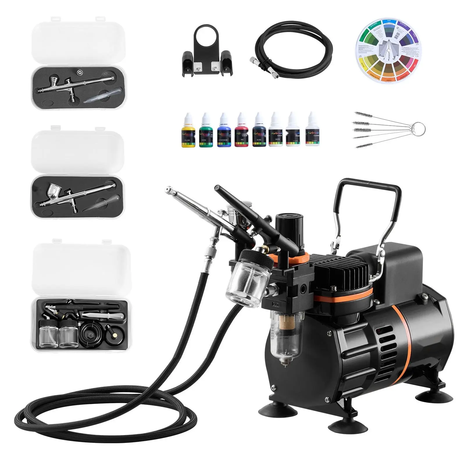 Airbrush Kit Set with 1/6 HP Oil-Free Air Compressor, Three Airbrushes, Three Replacement Tips, Two Cooling Fans, Portable Quiet System, Adjustable Pressure, Quick-Connect Fittings, Ideal for Modeling, Art, Painting, Coating