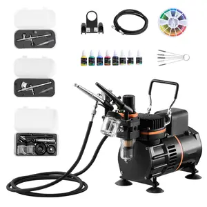 Airbrush Kit Set with 1/6 HP Oil-Free Air Compressor, Three Airbrushes, Three Replacement Tips, Two Cooling Fans, Portable Quiet System, Adjustable Pressure, Quick-Connect Fittings, Ideal for Modeling, Art, Painting, Coating