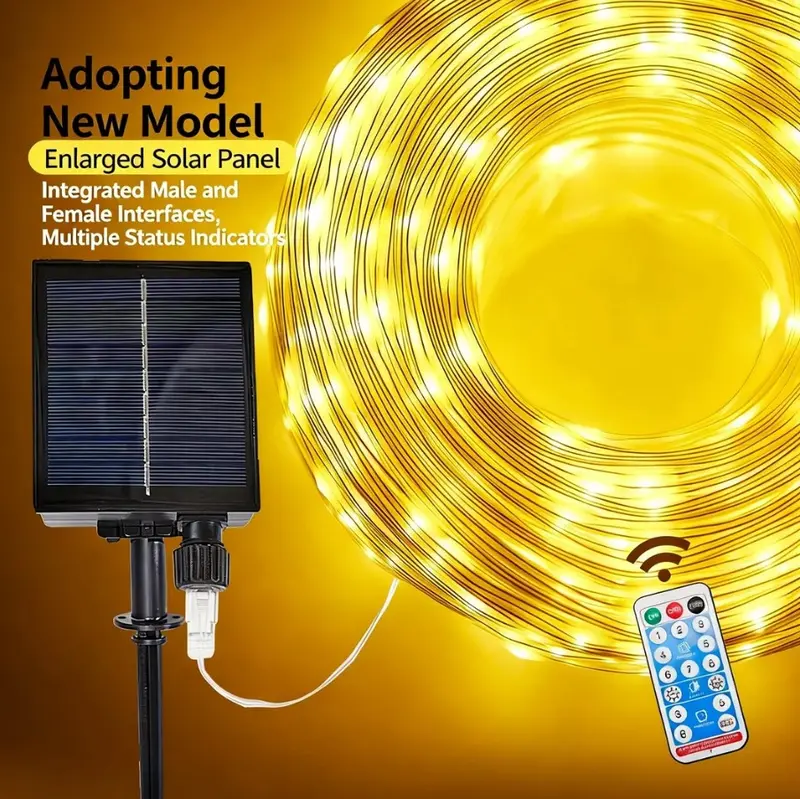 IP68 Solar Rope String Lights Outdoor with Remote, 10M 300LED Warm White Fairy Lights, 3-Wire Flat Cable, Timer Function, Solar-Powered Decorative Lights for Garden Patio Porch Pool