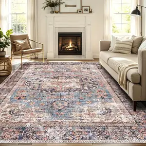 Vintage Boho Style Floral Pattern Rug, 1 Count Non-slip Washable Floor Mat, Decorative Carpet for Home Living Room Bedroom Kitchen, Boho Area Rug