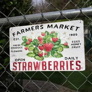 Vintage Metal Farmers Market Sign - Novelty Plaque Decoration For Wall, Interior, Strawberry Picking Market Advertising