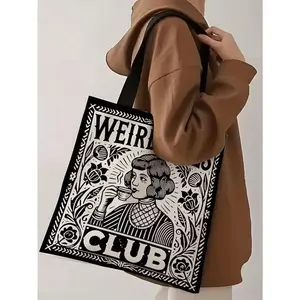 1pc Weird Girls Club Tote Bag - Vintage 1950s Retro Women'S Club Design With Floral & Geometric Patterns, Durable Polyester Grocery Shopping Bag For Best, Gifts, Casual Outings, Gift Bags, Playful Design, Sturdy Handles