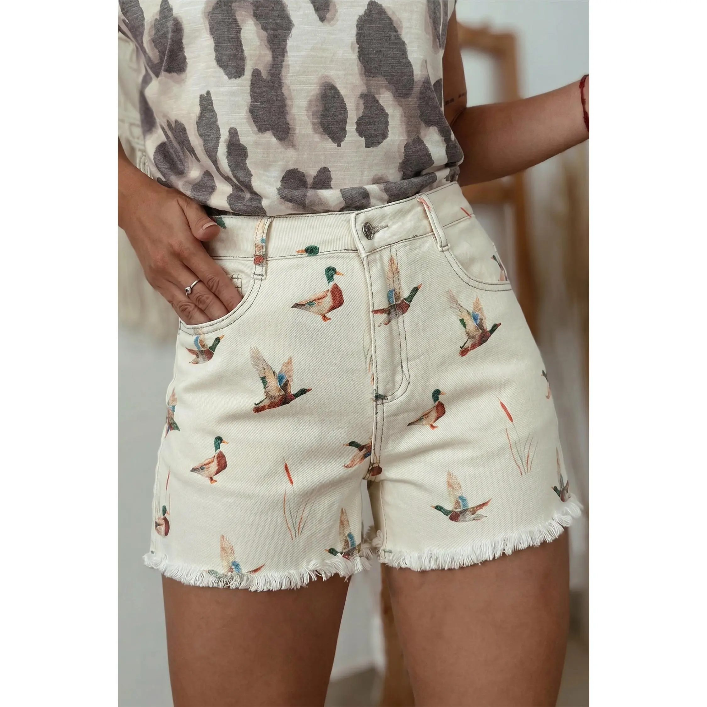 Beige Wild Duck Mallard High Waist Frayed Denim Shorts