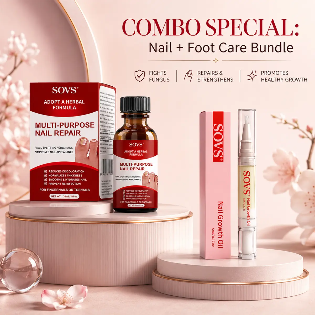 SOVS Nail Care Repair Set | Includes 30ml Nail Care Solution + 5ml Nail Growth Pen | Complete Daily Nail & Cuticle Care for Dry, Fragile & Rough-Looking Nails | Gentle Nourishing Treatment for Fingernails & Toenails