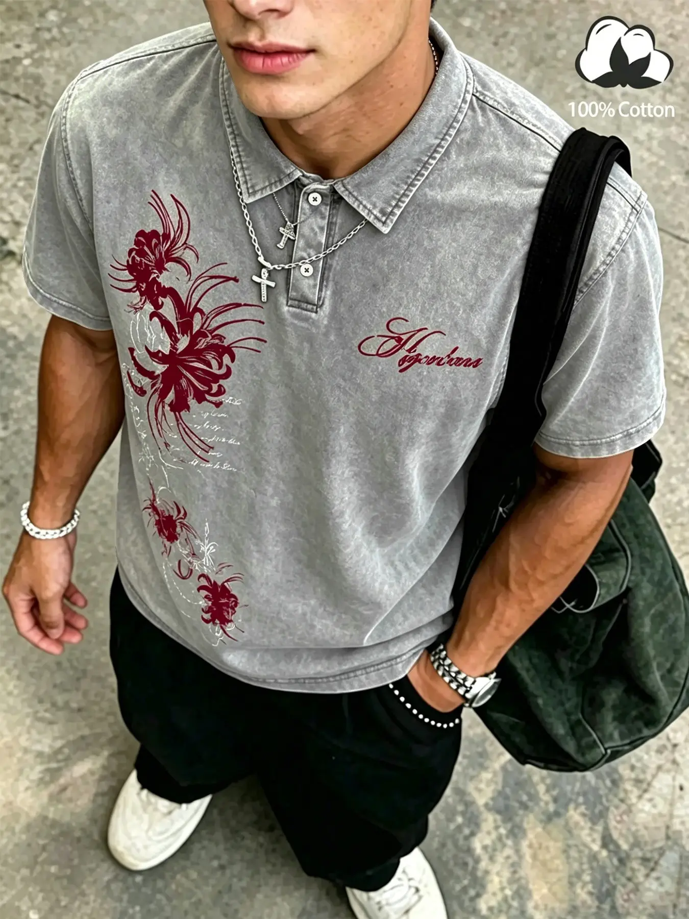 Unisex Dark Gothic 100% Cotton Washed Floral Spider Lily Print Oversized Polo Shirt, Y2K American Retro Top, High Street Style