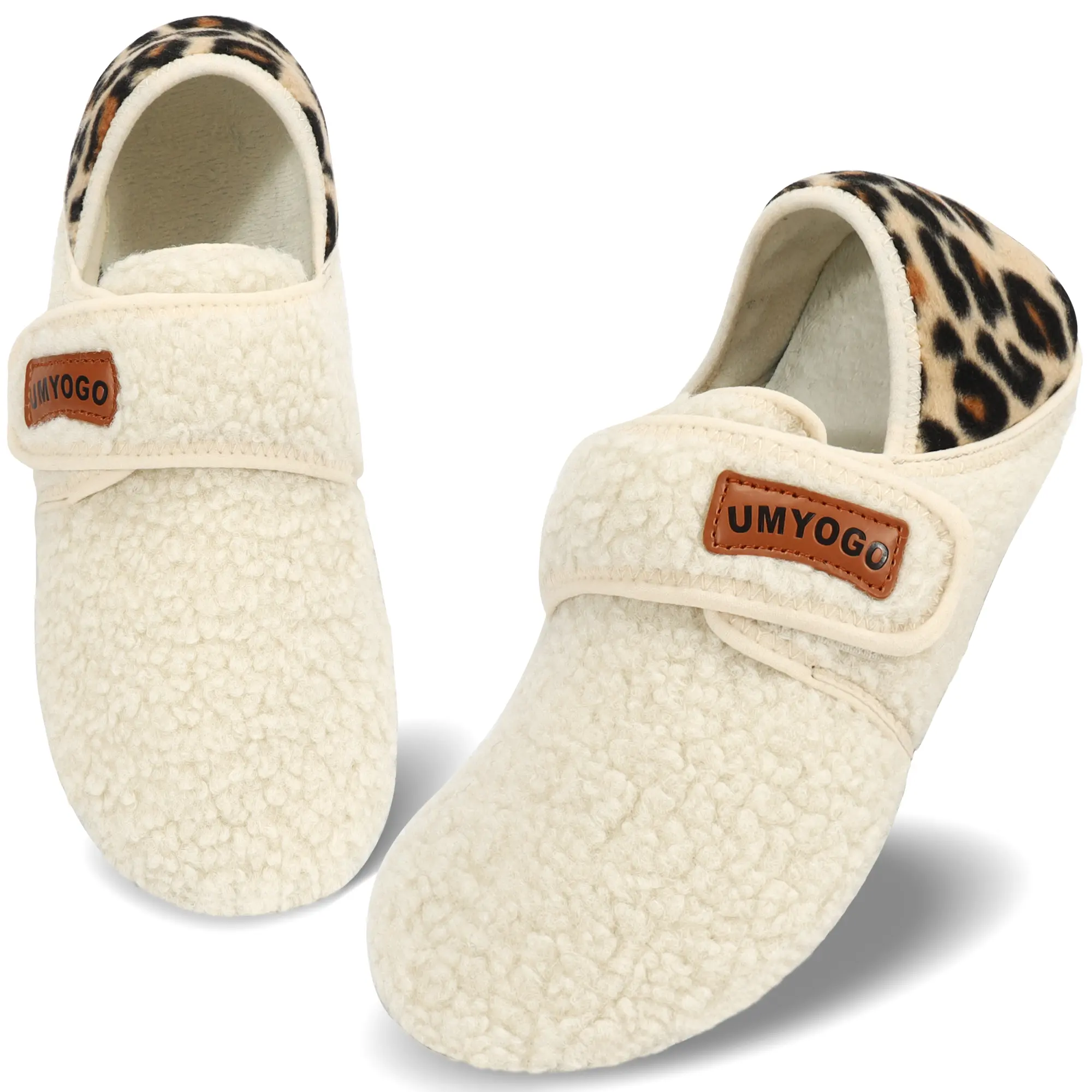 House Slippers for Women & Men, Cream Closed-Toe Slip-On Shoes with Adjustable Hook-and-Loop Strap, Leopard Print Trim & Flexible Non-Slip Rubber Sole