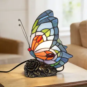 9.5" Tiffany Style Butterfly Stained Glass Table Lamp | Resin Rose Base Warm Light