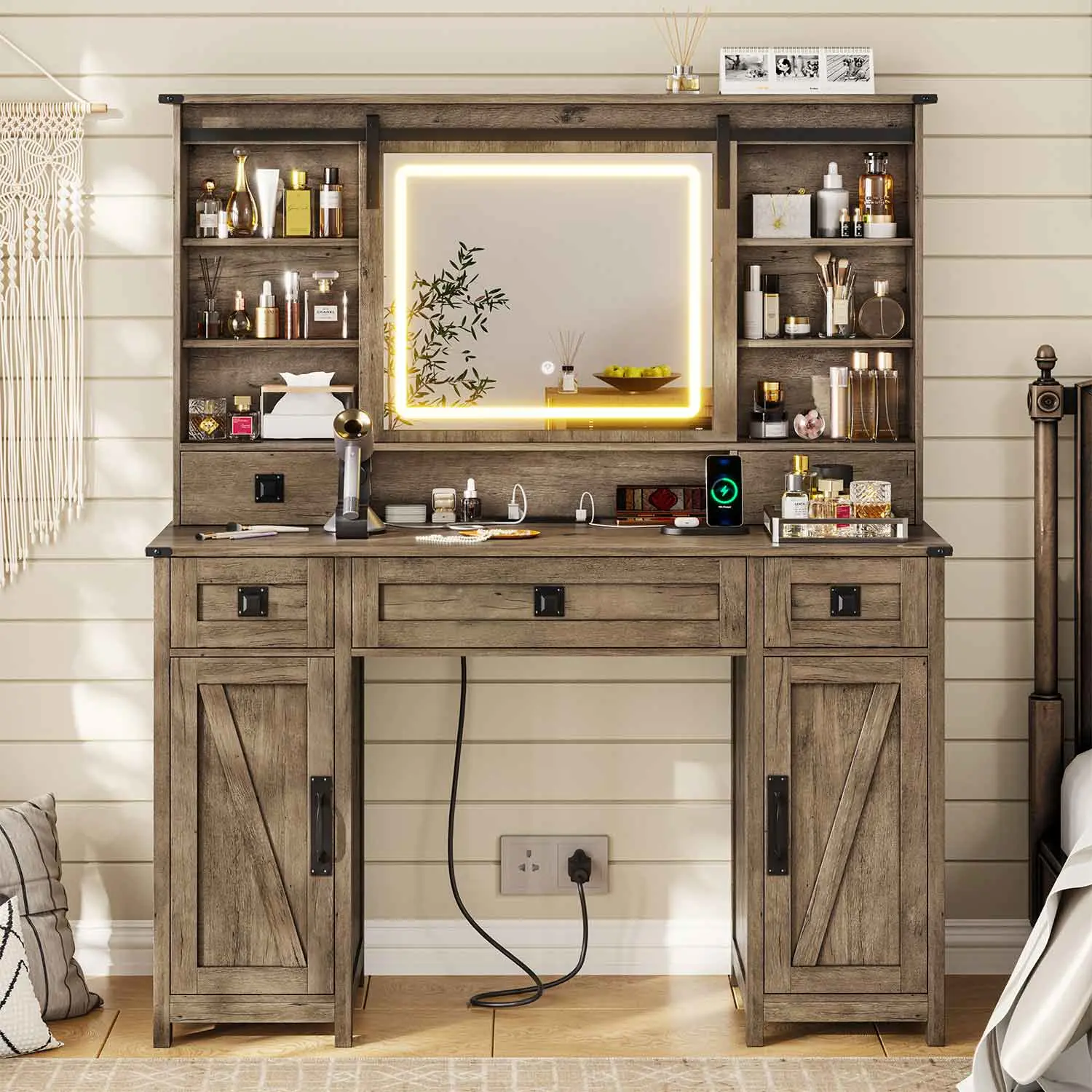 SIKAIC Brown Makeup Vanity Desk with Sliding LED Mirror, Vanity Table with Lights and Storage Drawers for Bedroom Furniture