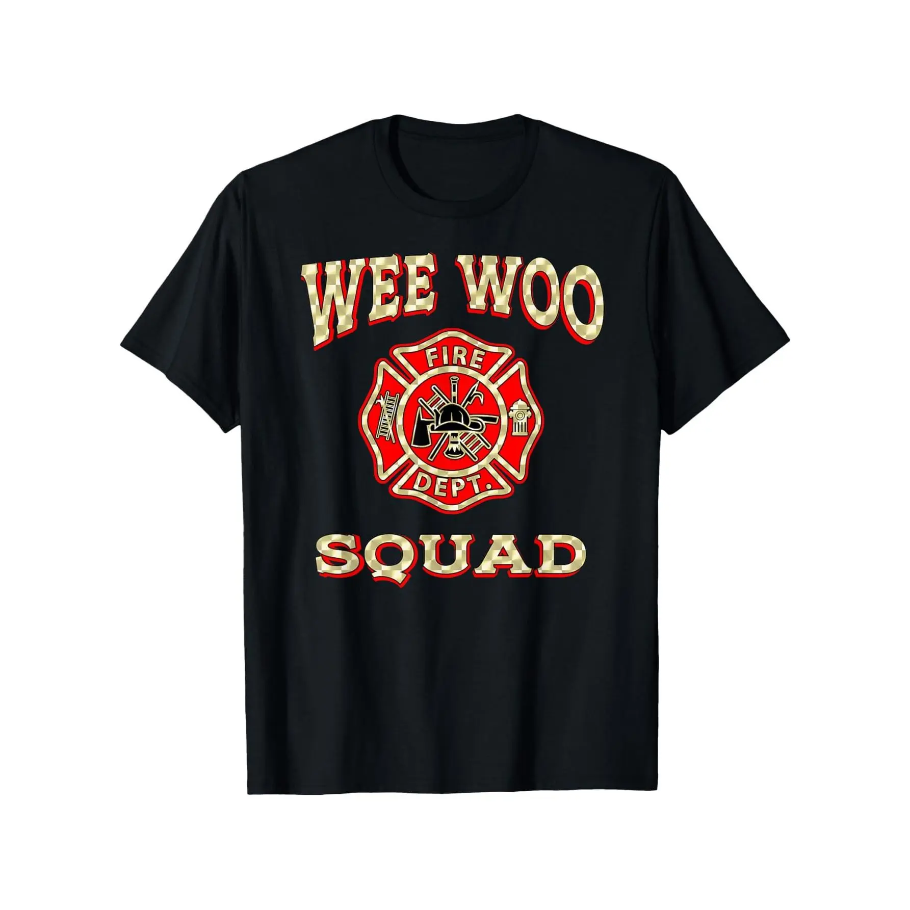 Men's Short-Sleeve Round Neck Cotton T-Shirt, WEE WOO SQUAD Funny Firefighter Badge Marshal Fire Truck Graphic, All-Seasons Casual Y2K Oversize Lightweight Double Print, Acid Valentine Gift for Mr. Stiven (Backwards Demon Slayer Merch)