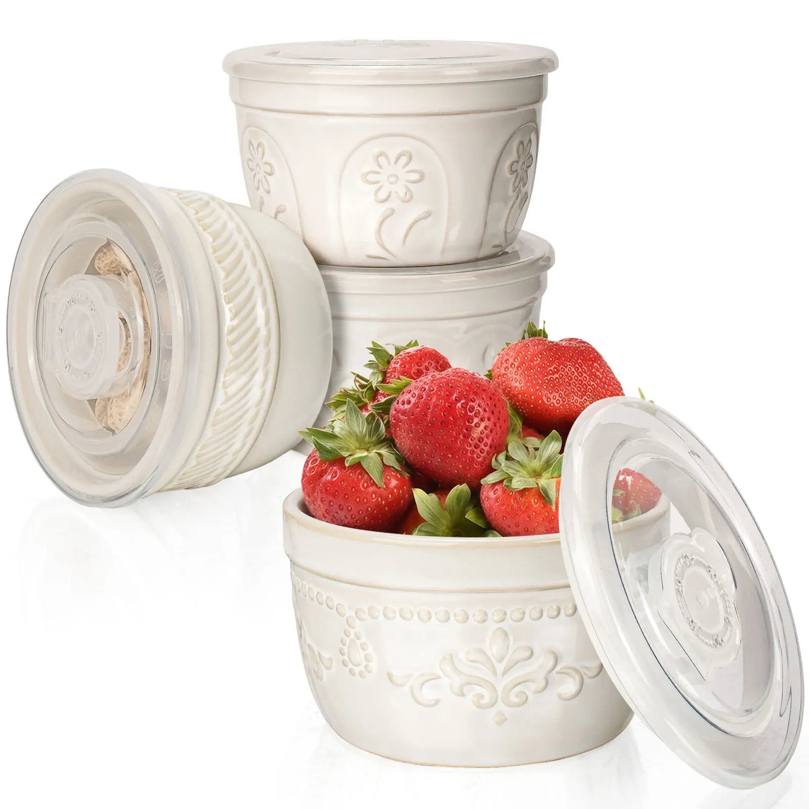 4-Pc Ramekins with Lids | Embossed White Ceramic (Oven & Microwave Safe) | For Creme Brulee, Dessert, Souffle, Pudding & Custard | Baking Dish, Dipping Bowls, Sauce Cups | Stackable Food Storage Containers - Artena