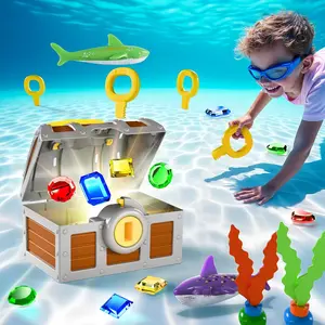 Kids Diving Pool Toy, Large Treasure Chest Water Dive Game W/Keys Gems Fish, Toddler Outdoor Swimming Treasure Box Playset, Fun Summer Swim Party Gifts 3 4 5 6 7 8 10 12 Year Old Boy Girl