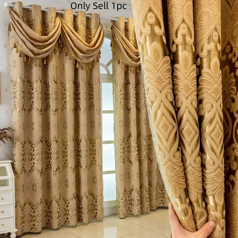 1pc French Luxury Jacquard Drapes, Matching Fringe Top, Semi-Transparent, Hole-Punched, Suitable for Living Room and Bedroom, Swag Valances For Windows