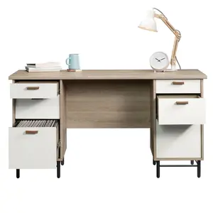 Anda Norr Executive Desk Modern Design Light Oak Finish with File Drawers & Leather Pulls for Home Office