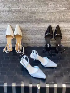 Women's High Heel Shoes Spring Summer New Korean Style Slim Fit Pointed Toe Buckle Back Hollow Out Single Shoe Rivet Wrapped Barefoot Soft Leather Vintage Sandals
