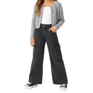 Kids Girls Wide Leg Cargo Jeans, Denim Pants with Flap Pocket and Split Hem, Casual School Pants