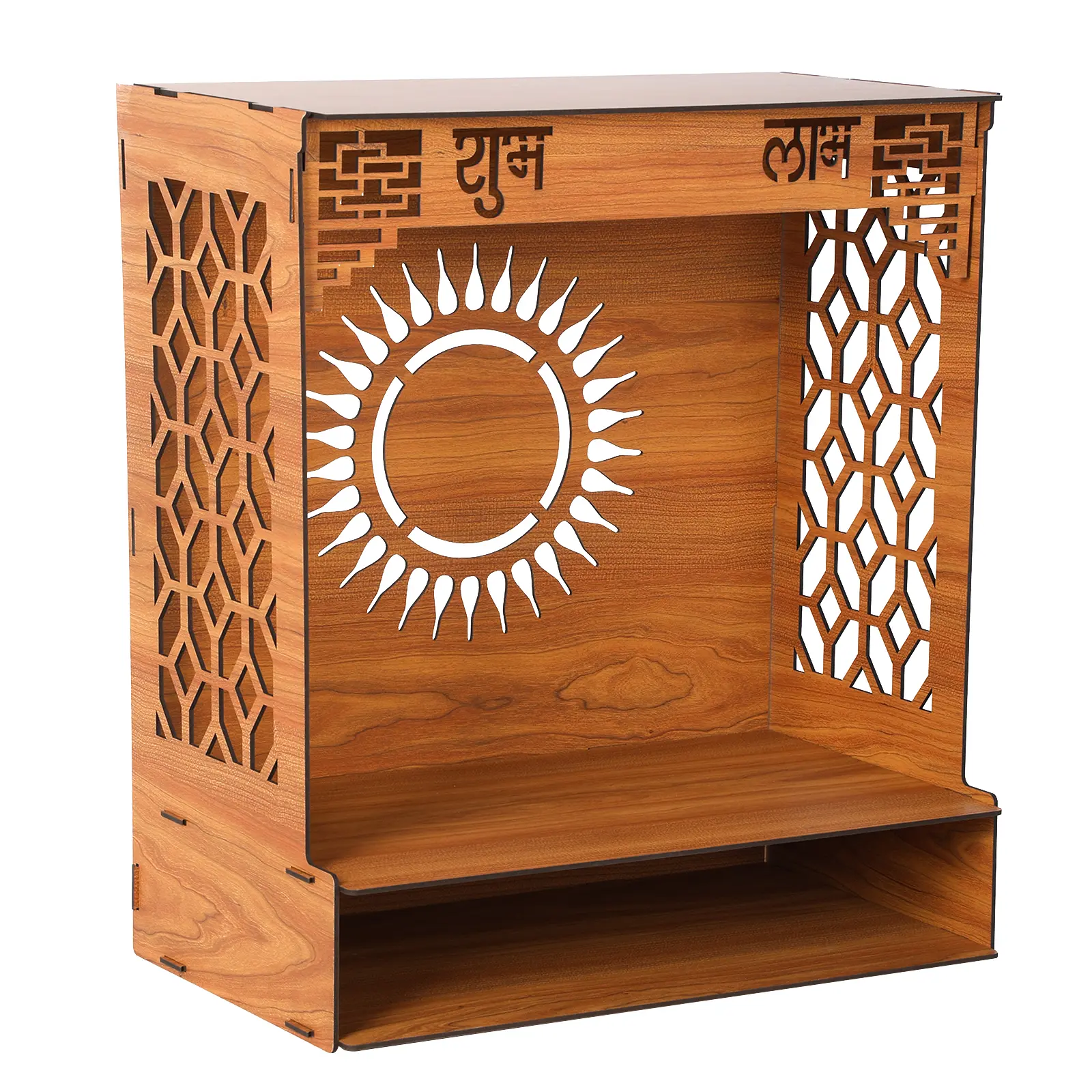 Mdf Wooden Temple Pooja Mandir with Double Shelf Wall Mounted Temple Puja Stand Carved Hollow Design for Living Room Bedroom and Office