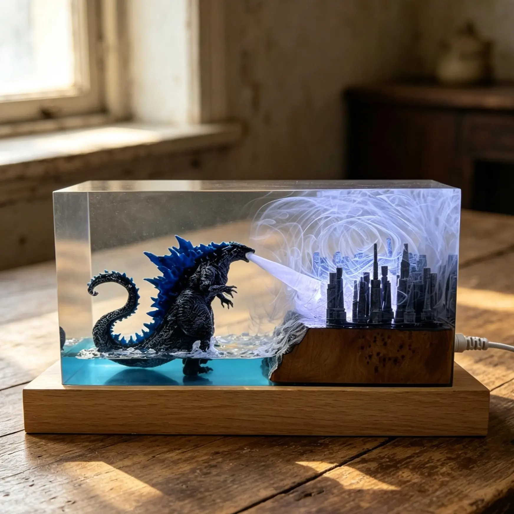 Handmade Godzilla Resin Night Light - Monster Roar Atomic Breath 3D Miniature Scene Lamp, Adjustable USB-Powered Ambient Decor Lighting, Eclectic Home Decor for Game Room Desk, Festive Birthday Christmas Gift