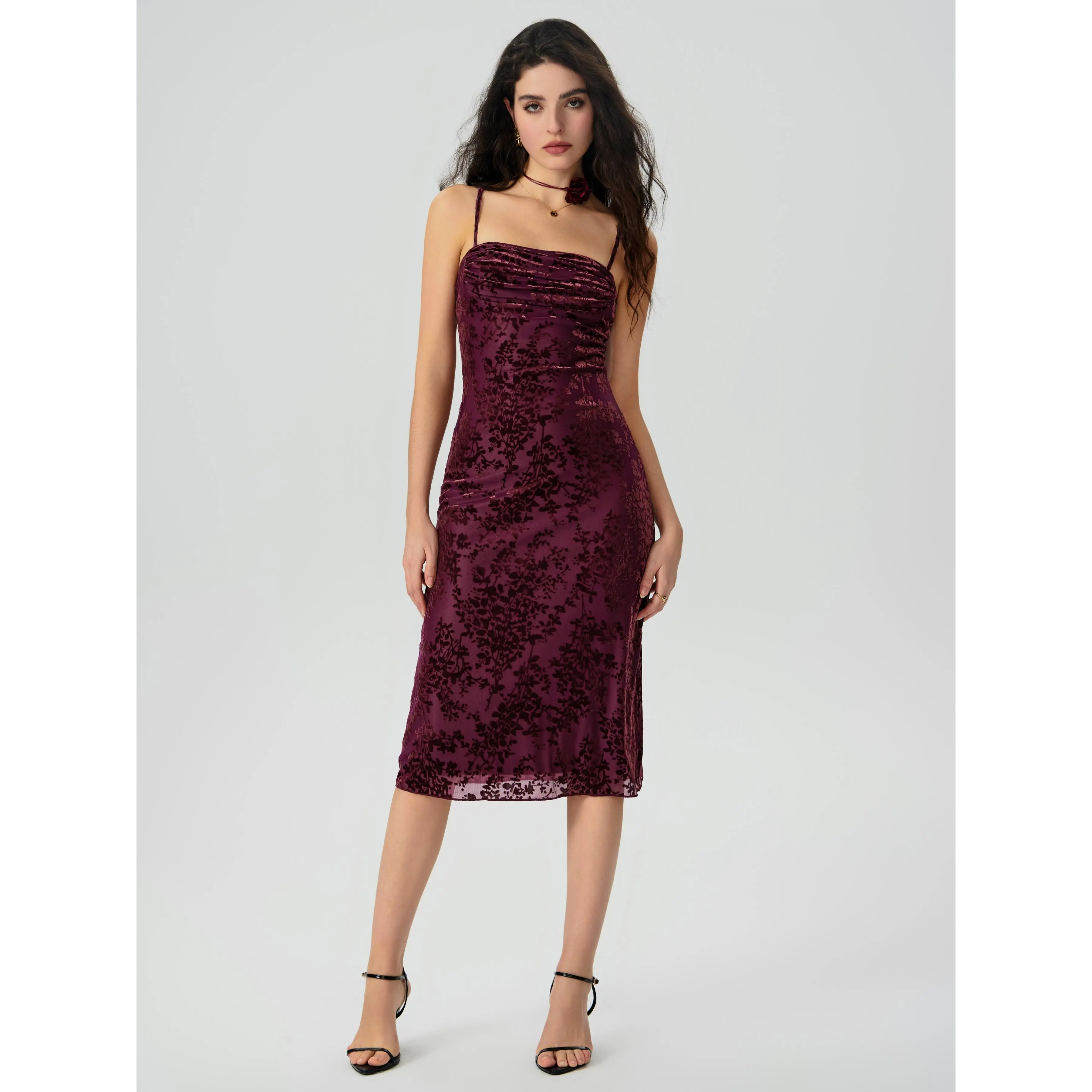 Cider [4 colors, size 0-10] Mesh Ruched Square Neck Floral Maxi Dress