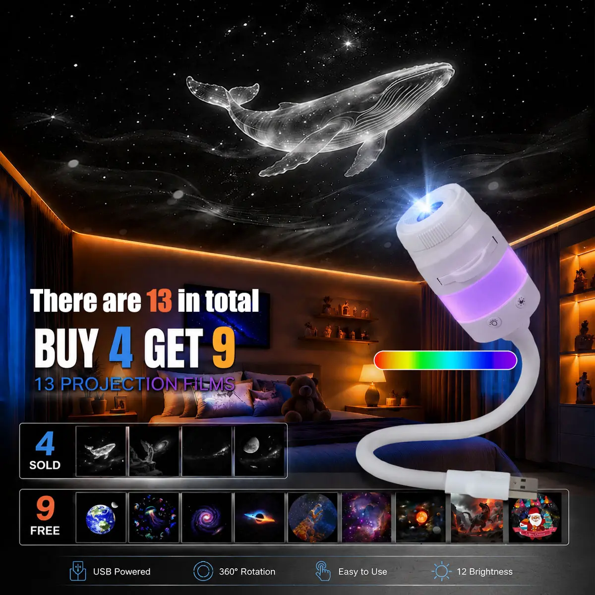 13-in-1 USB Star Sky Projector Lamp, Mini Galaxy Night Light for Bedroom, Romantic Room Decor, Kids Room, Dorm Room & Indoor Space