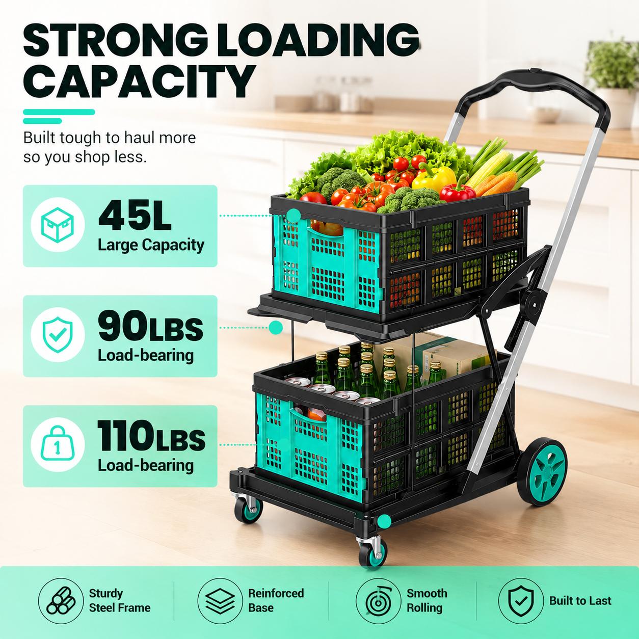 Premium Foldable Plastic Shopping Cart with Wheels, Elegant Lightweight Rolling Utility Basket for Groceries, Laundry, Travel, Camping and Home Storage, Space-Saving Portable Pull Cart