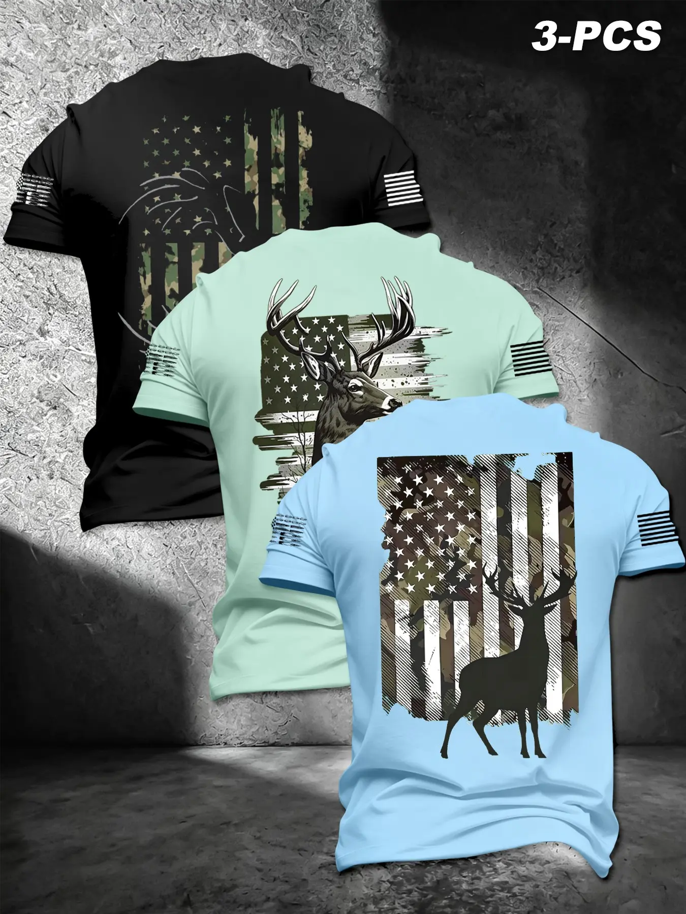Vintage American Outdoor Wear, Camo Star Flag Deer Print Breathable Fabric Fitted Round Neck Short Sleeve Top 3-Piece Set, Men's Daily Commute, Fishing, Hunting