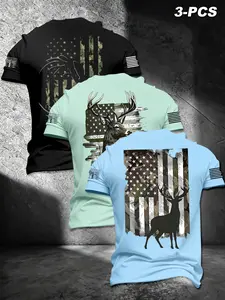 Vintage American Outdoor Wear, Camo Star Flag Deer Print Breathable Short Sleeve 3-Piece Set, Men's Daily Commute, Fishing, Hunting