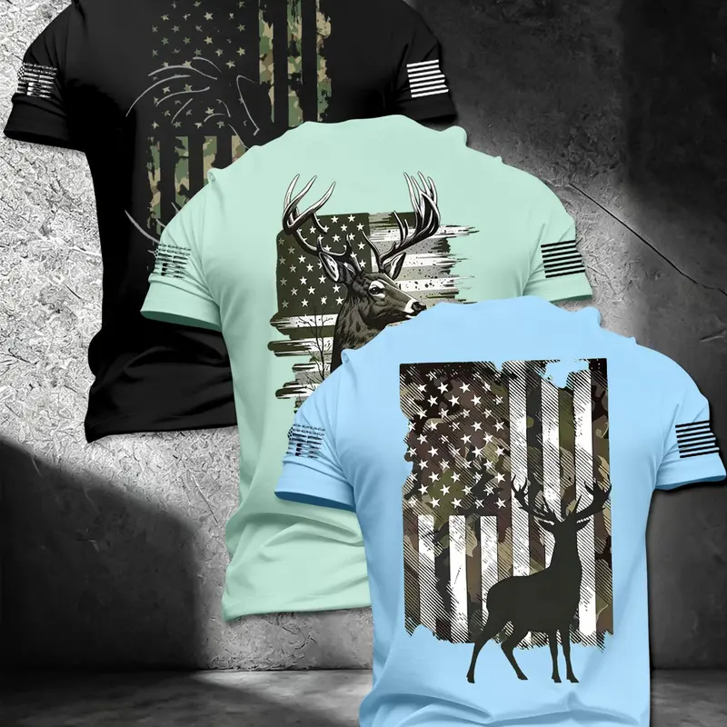 Men's 3-Piece Set, Camo Star Flag Deer Print Short Sleeve Round Neck Fitted Tops, Breathable Vintage Outdoor Shirts for Hunting, Fishing & Daily Casual Wear