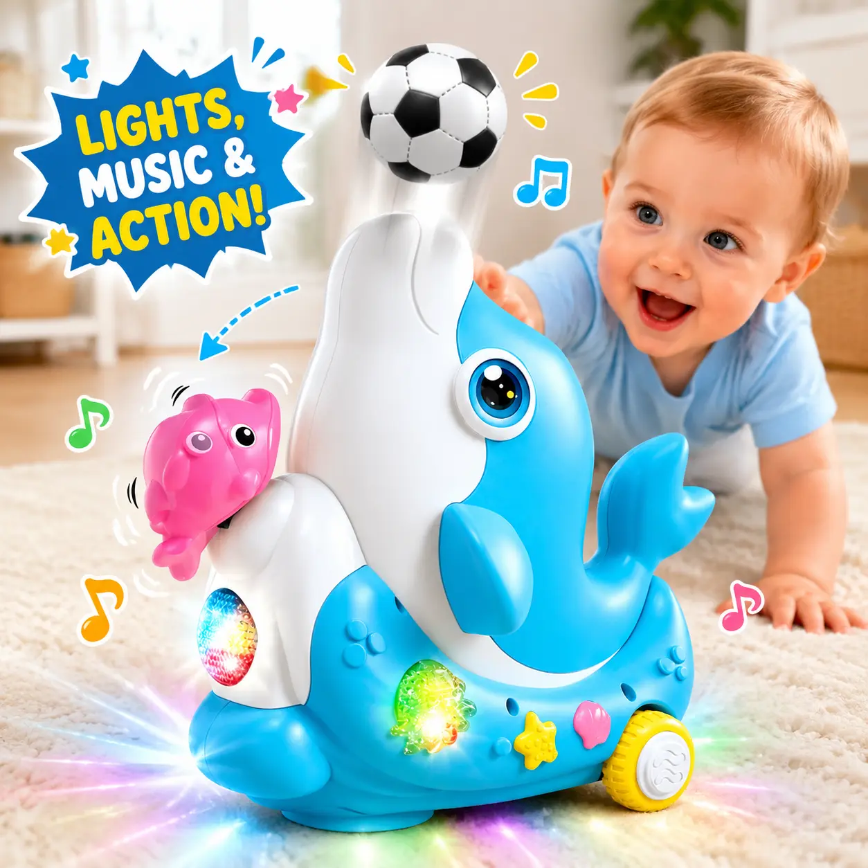 Playful Dolphin Floating Ball Toy - Air Hover Toy with Built-in Lights&Music, Colorful LED Lights, Interactive Audio, Aquatic Theme Sensory Gift for 3-4 Years Old Indoor Play Enthusiasts, Children Who Enjoy Aquatic Toys