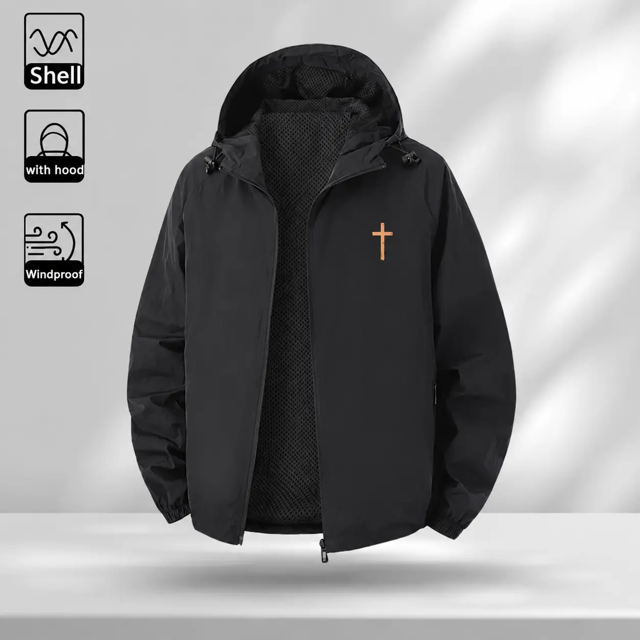Minimalist Cross Windbreaker Jacket with Hood, Zip-Up Shell with Small Christian Chest Graphic, Casual Faith Apparel