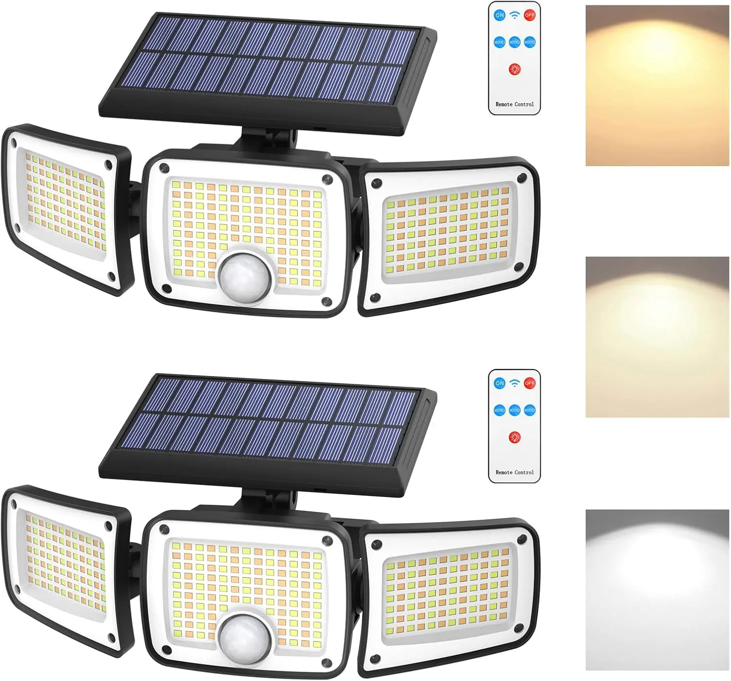 Solar Flood Lights Outdoor, 3 Color Temperature 280 LED 3000LM Solar Motion Sensor Lights Outdoor, IP65 Waterproof 3000mah 3 Heads Wall Security Light, 270° Wide Angle, Garage, Pool, Garden, 2 Pack
