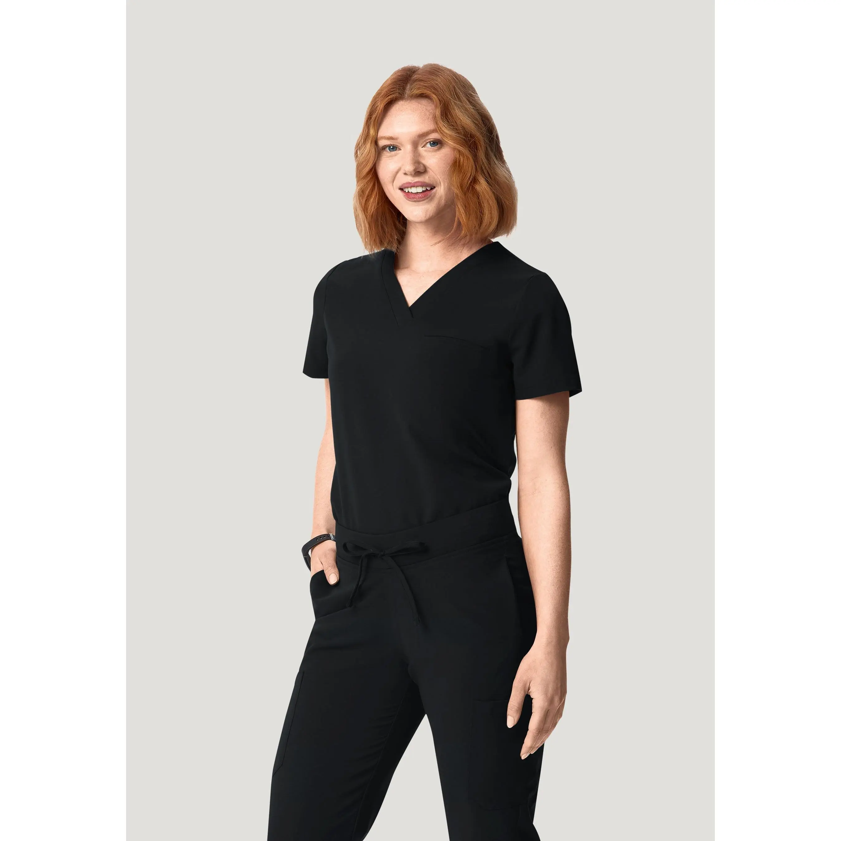 Women's Basic Minimalist 1-Pocket Uniform Top, Black Breathable Fabric Clothes