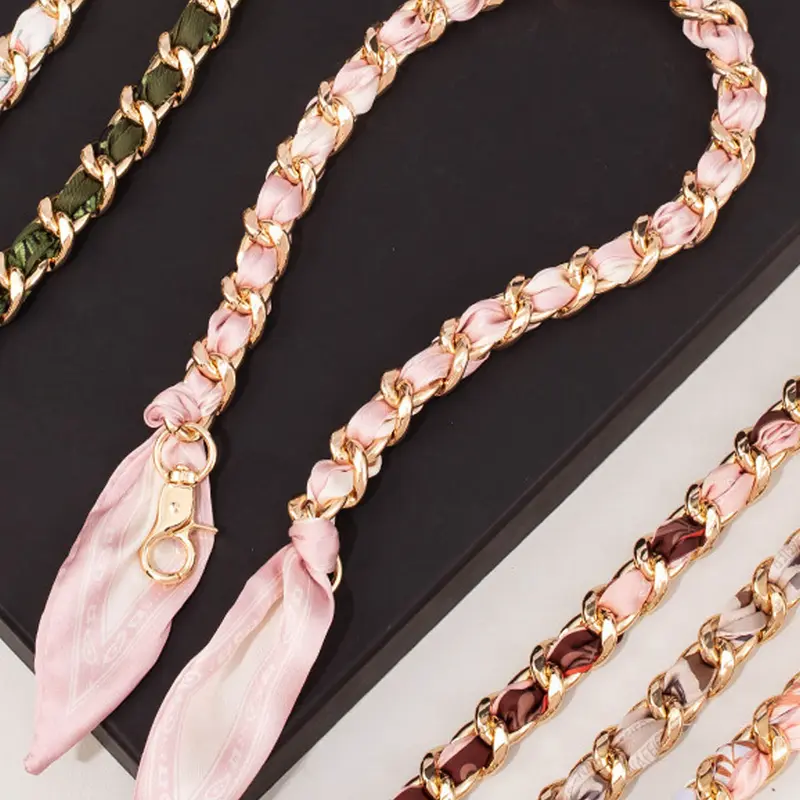 Polka Dot Silk-Chain Purse Strap-Elegant Scarf-Inspired Bag Extender with Gold Chain for Shoulder or Crossbody Bags, Bag Chains for Handbags