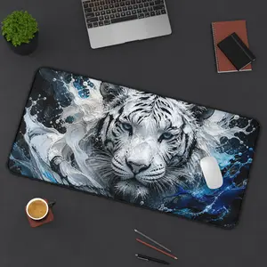 White Tiger Wave Desk Mat — Large Gaming Mousepad with Blue Water Art