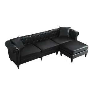 【Shipped in Two or More Packages】Giratree Furniture 109" PU Leather Chesterfield 3+1 Modular L-Shaped Sofa with Ottoman and Pillows, Modern Deep Seat Sofa Bed for Living Room, Bedroom, Apartment Upholstered Soft Couch Upholstered Sectional