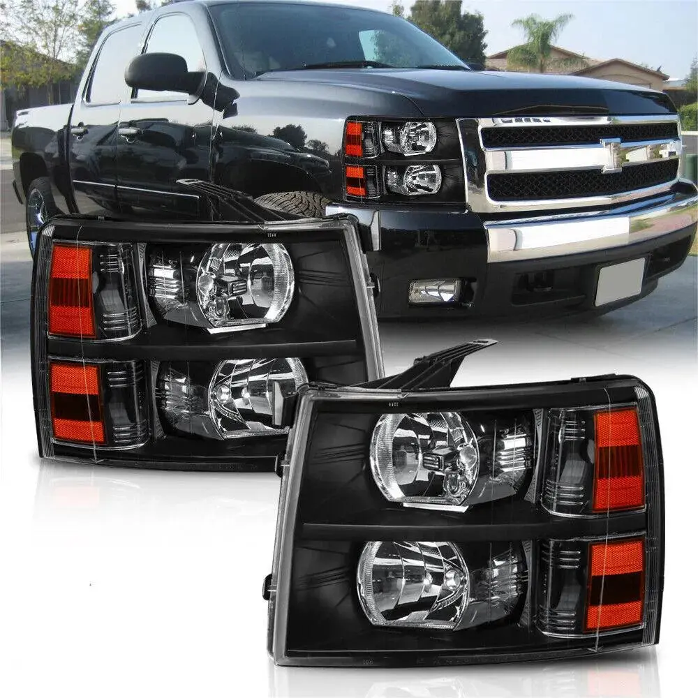MOSTPLUS Headlight Assembly For 2007-2013 Silverado 1500 2500HD 3500HD Front Lamp with Black Housing/Clear Lens/Amber Reflector
